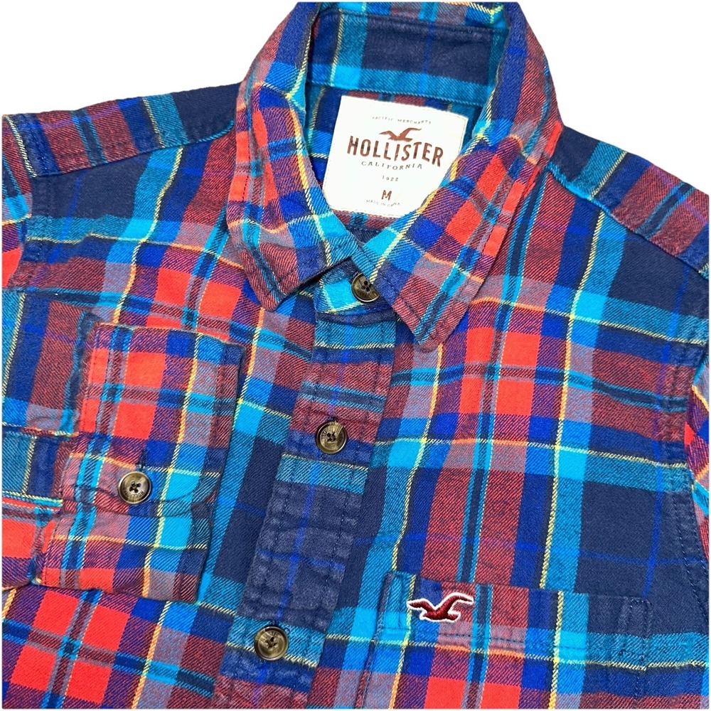 Hollister Y2K Red Blue Plaid L/S Button Up Cotton‎ Flannel Shirt Men's M Flaw